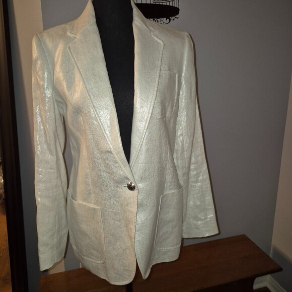 NWT Ralph Lauren White Silver Shimmer Linen Blazer Sz 6 - Picture 3 of 11